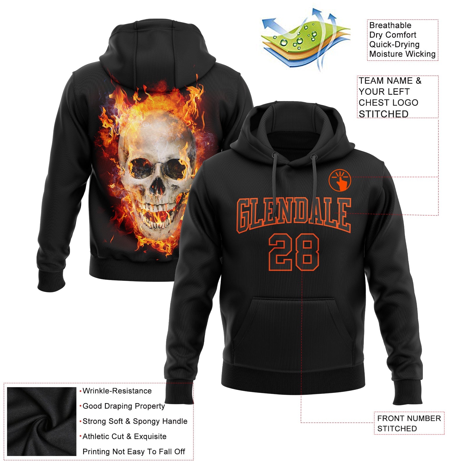 Custom Stitched Black Orange 3D Skull Fashion Flame Sports Pullover Sweatshirt Hoodie view 2