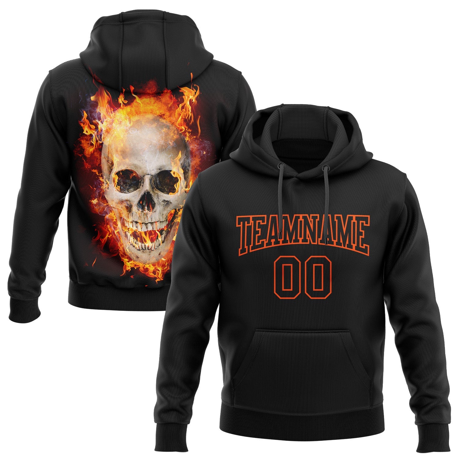 Custom Stitched Black Orange 3D Skull Fashion Flame Sports Pullover Sweatshirt Hoodie - Main View