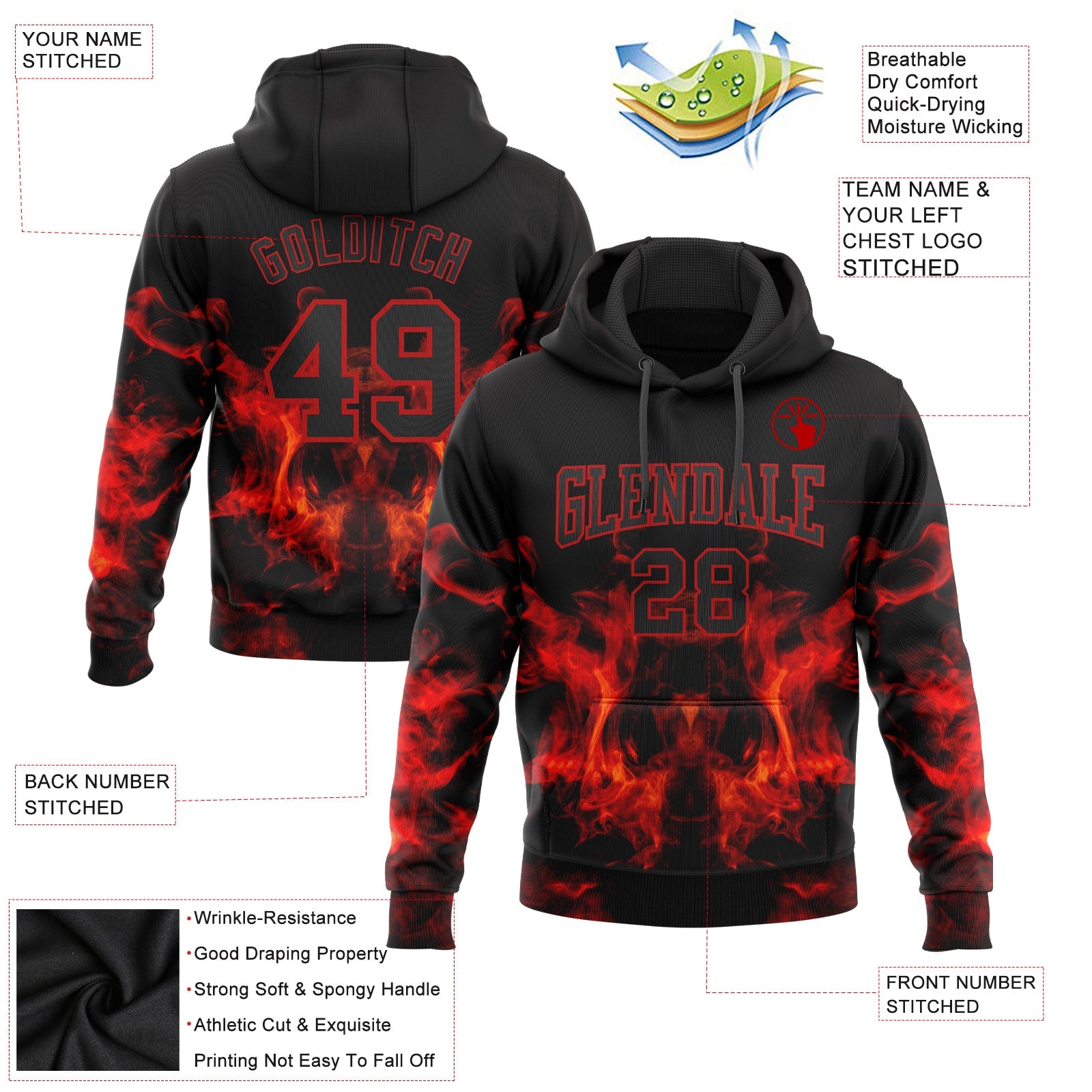 Custom Stitched Black Red 3D Skull Fashion Flame Sports Pullover Sweatshirt Hoodie view 2