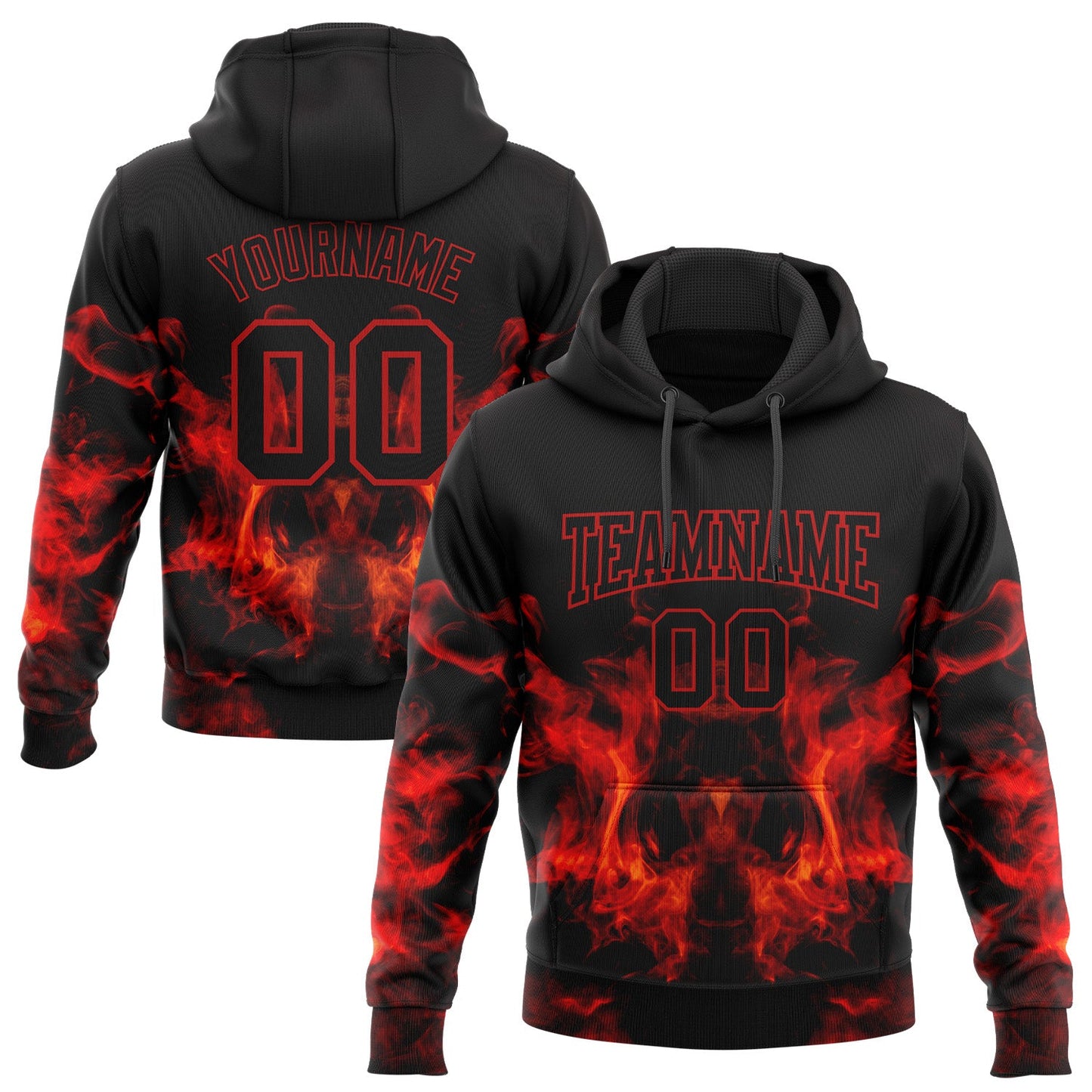 Custom Stitched Black Red 3D Skull Fashion Flame Sports Pullover Sweatshirt Hoodie - Main View