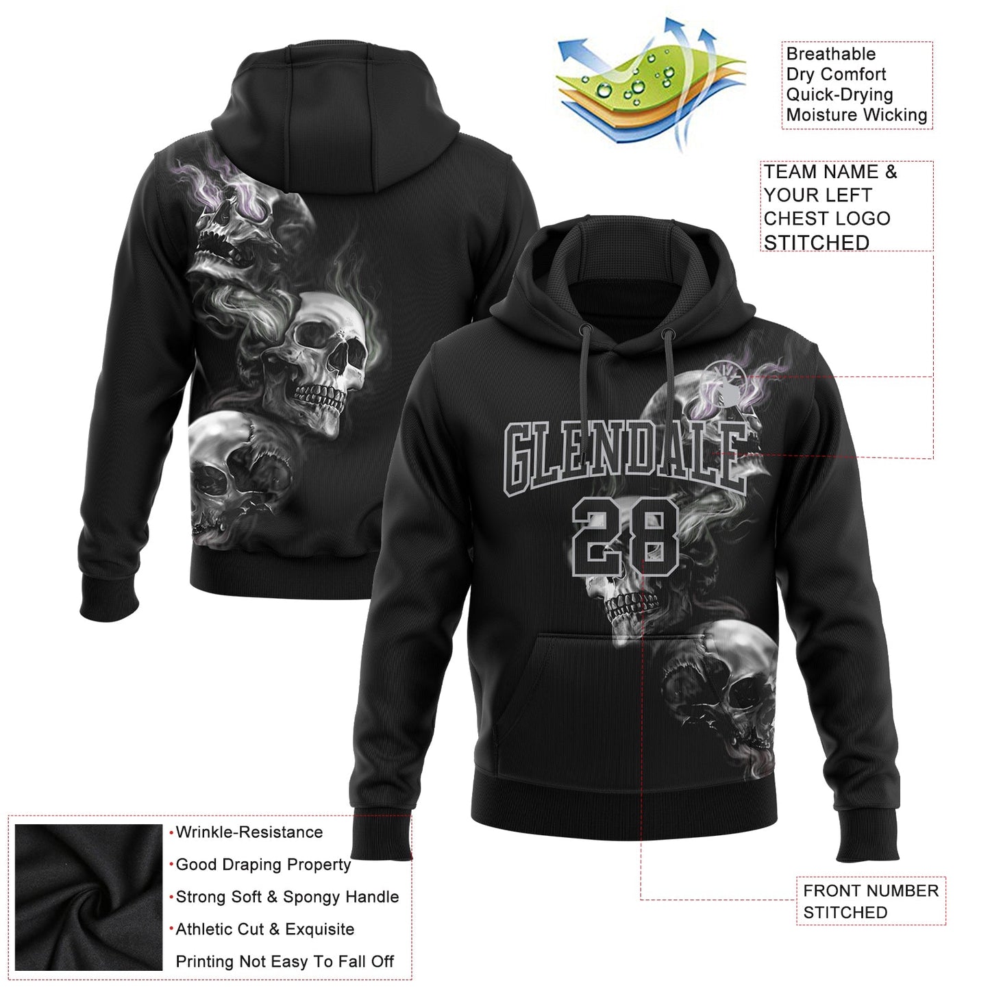 Custom Stitched Black Gray 3D Skull Fashion Sports Pullover Sweatshirt Hoodie view 2