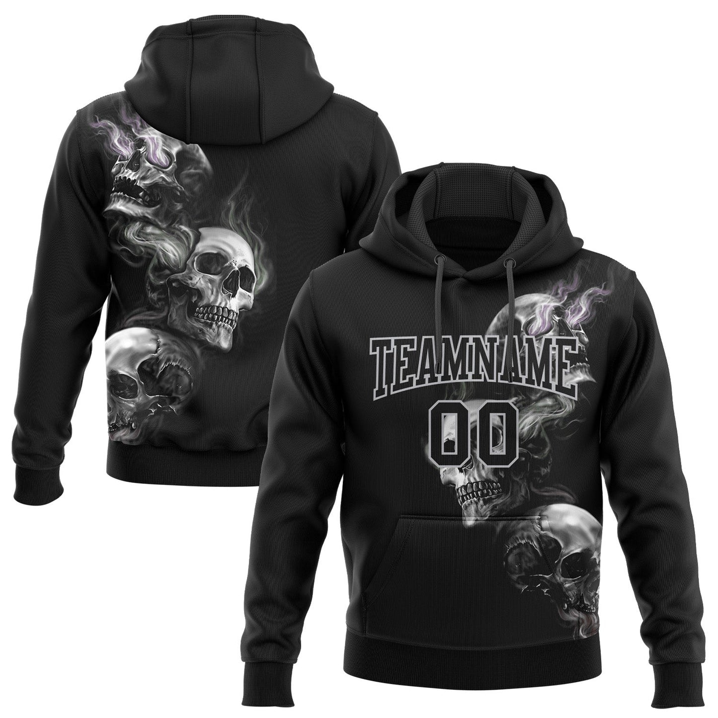 Custom Stitched Black Gray 3D Skull Fashion Sports Pullover Sweatshirt Hoodie - Main View