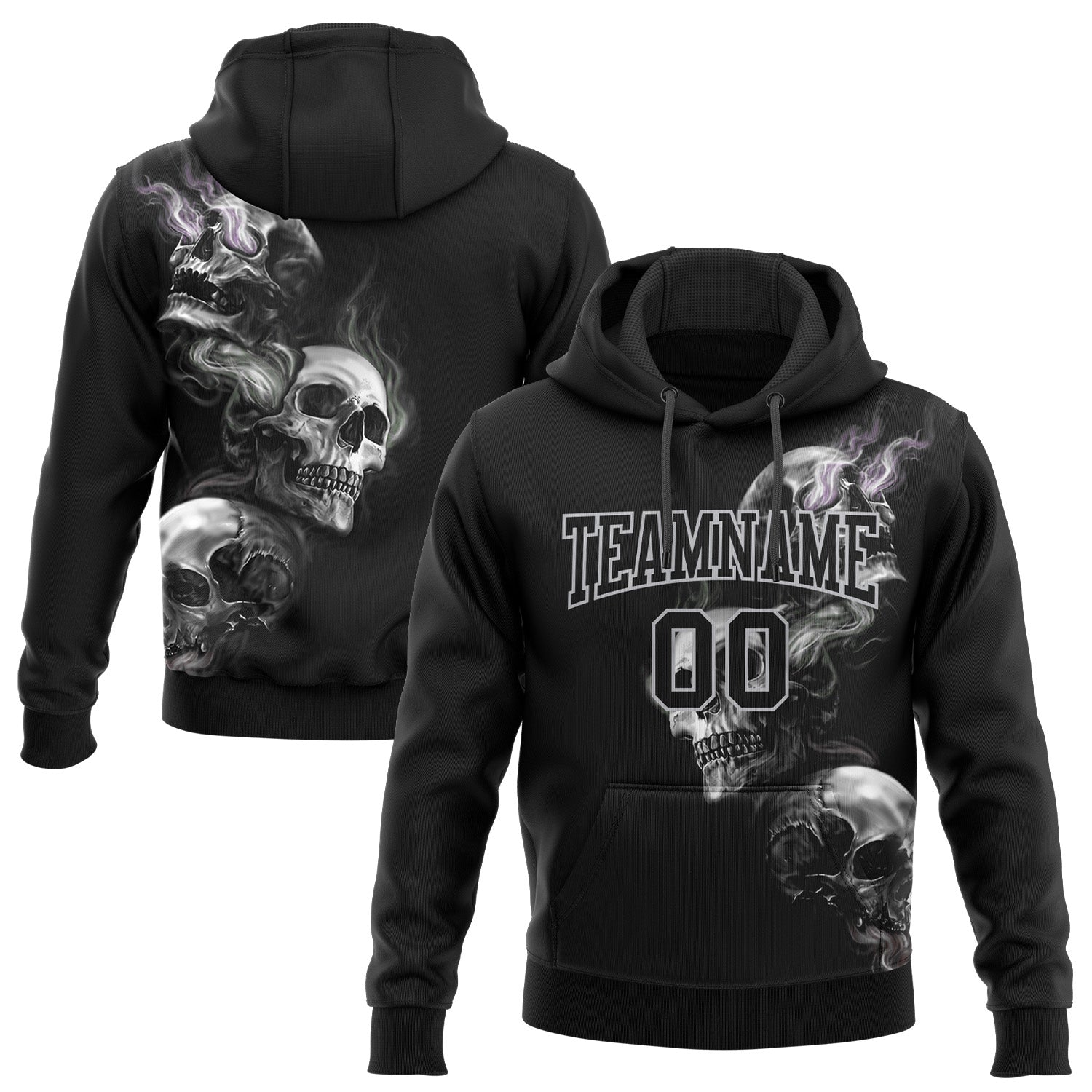 Custom Stitched Black Gray 3D Skull Fashion Sports Pullover Sweatshirt Hoodie - Main View