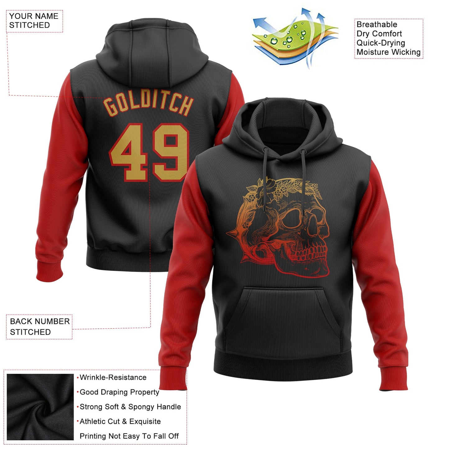 Custom Stitched Black Old Gold-Red 3D Skull Fashion Sports Pullover Sweatshirt Hoodie view 2
