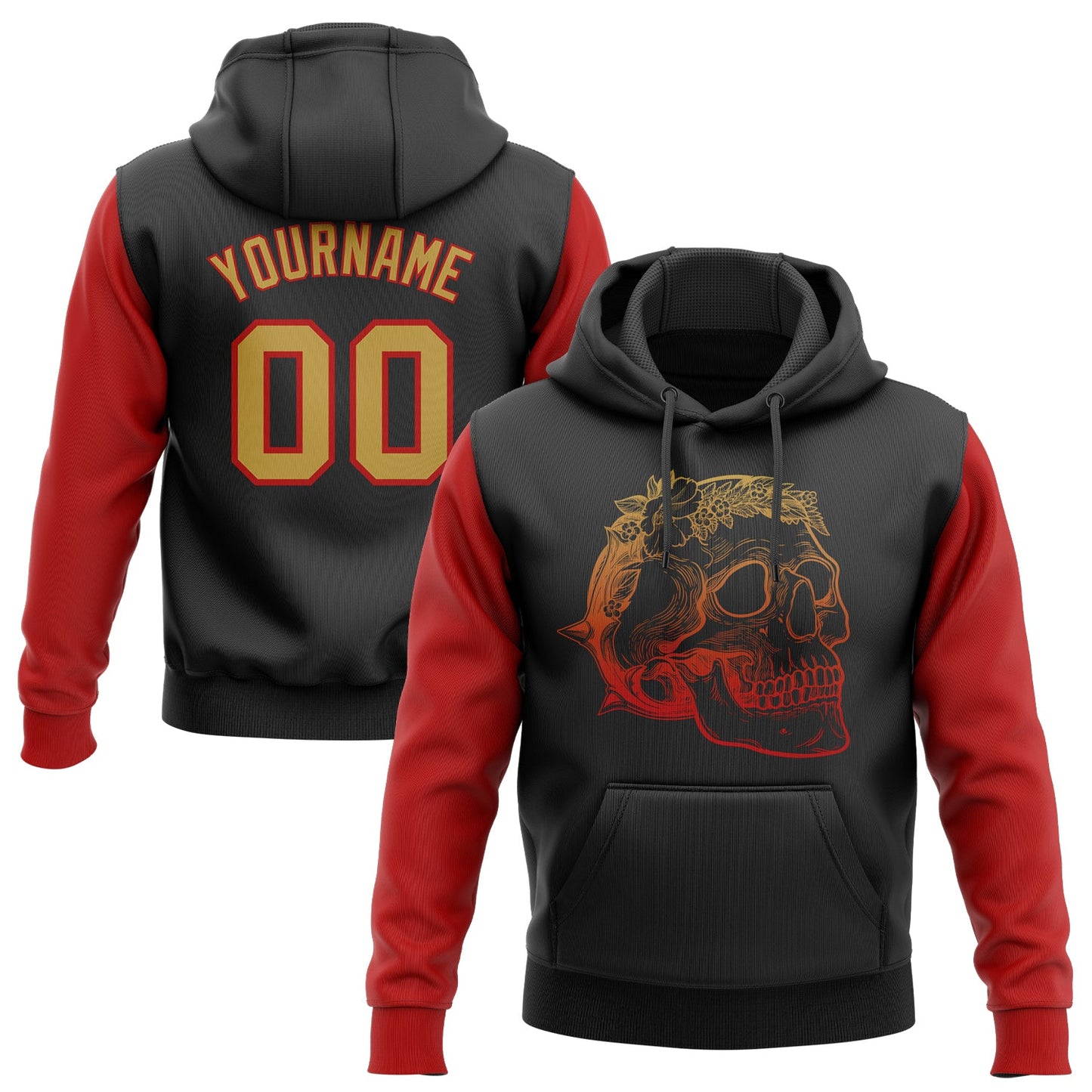 Custom Stitched Black Old Gold-Red 3D Skull Fashion Sports Pullover Sweatshirt Hoodie - Main View