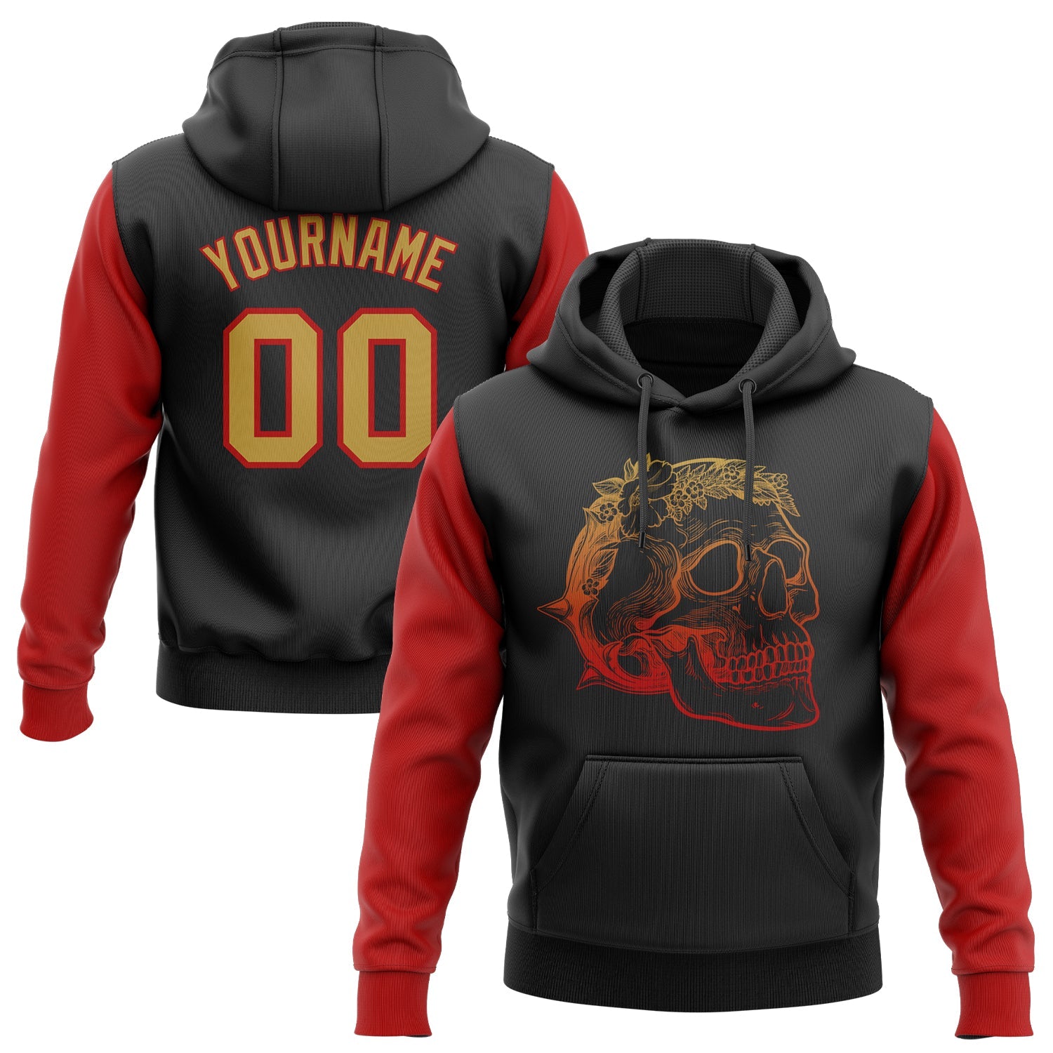 Custom Stitched Black Old Gold-Red 3D Skull Fashion Sports Pullover Sweatshirt Hoodie - Main View