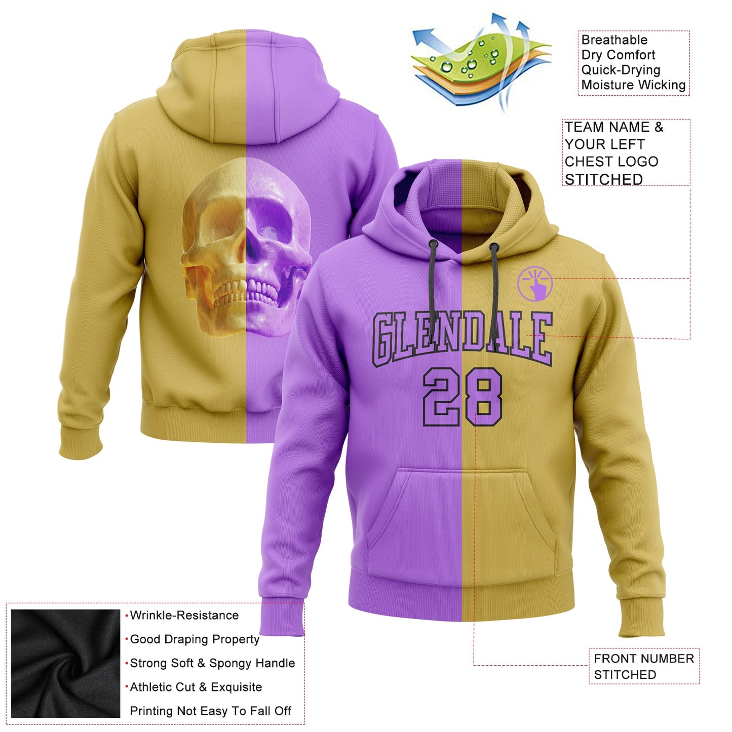 Custom Stitched Old Gold Purple-Black 3D Skull Fashion Sports Pullover Sweatshirt Hoodie view 2