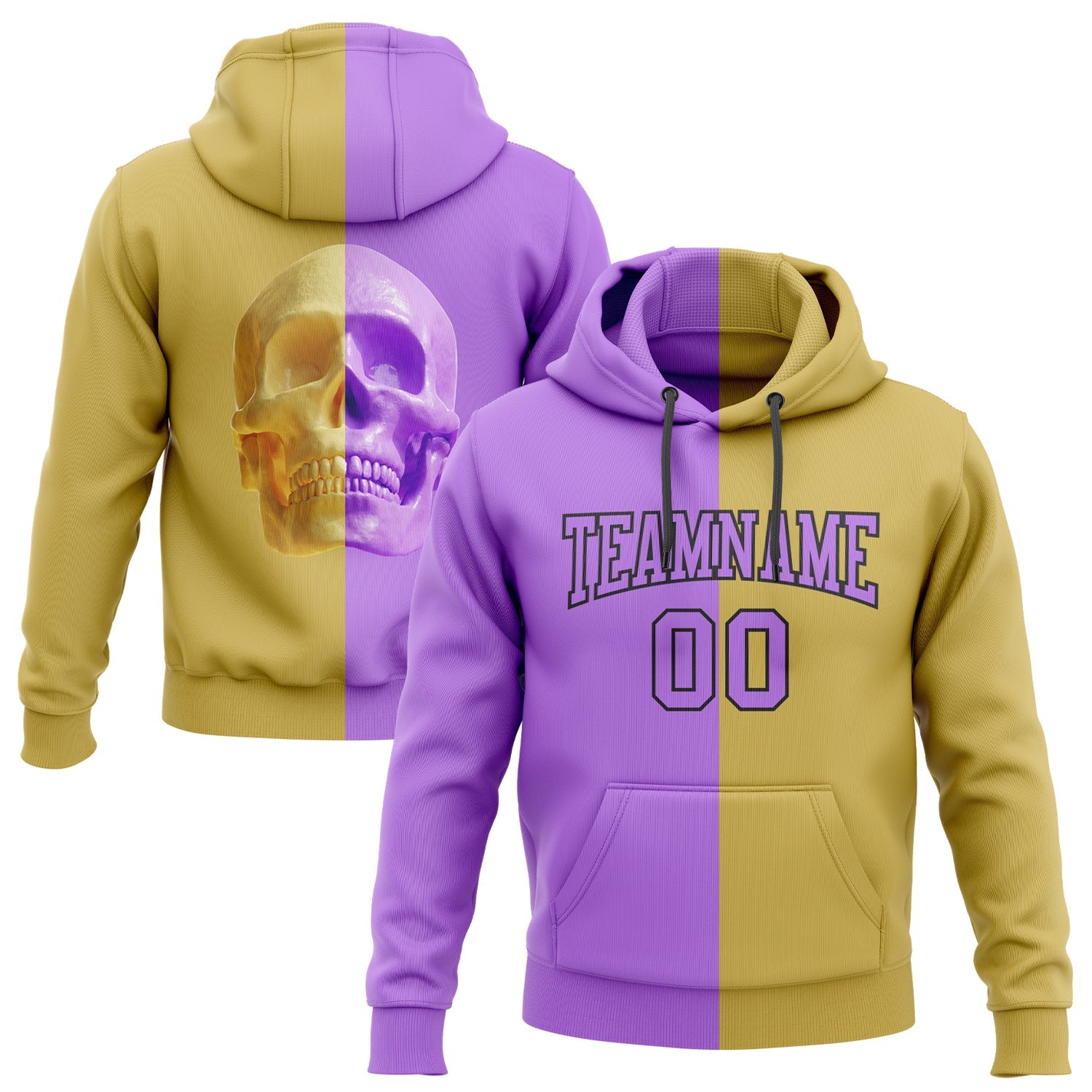 Custom Stitched Old Gold Purple-Black 3D Skull Fashion Sports Pullover Sweatshirt Hoodie - Main View
