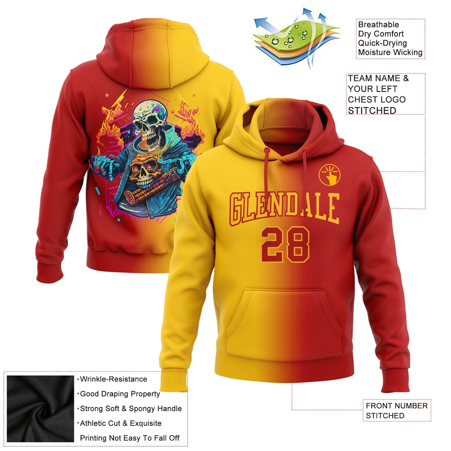 Custom Stitched Red Gold 3D Skull Fashion Sports Pullover Sweatshirt Hoodie view 2