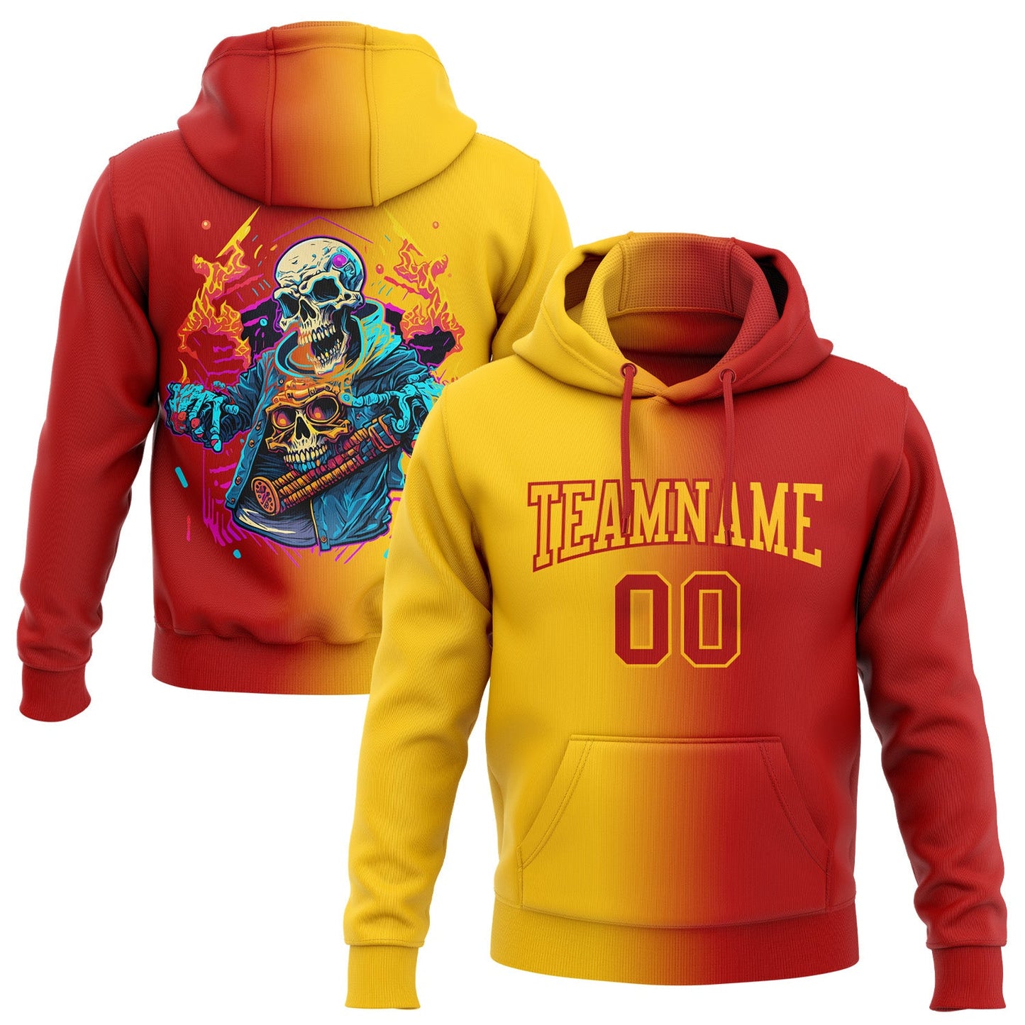 Custom Stitched Red Gold 3D Skull Fashion Sports Pullover Sweatshirt Hoodie - Main View