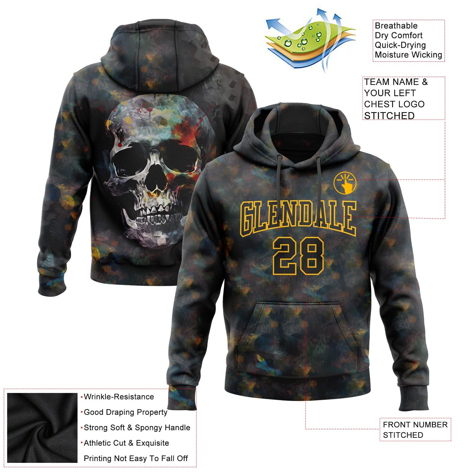 Custom Stitched Black Gold 3D Skull Fashion Sports Pullover Sweatshirt Hoodie view 2