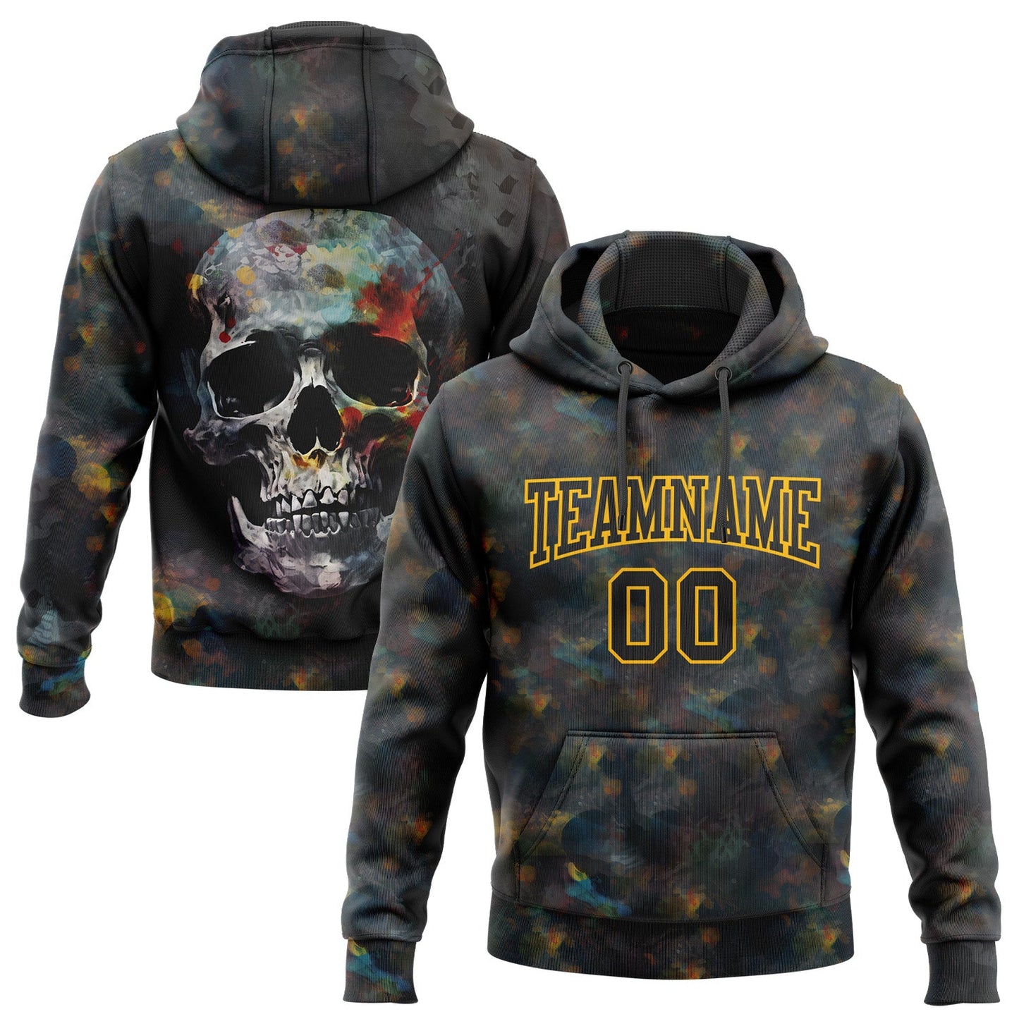 Custom Stitched Black Gold 3D Skull Fashion Sports Pullover Sweatshirt Hoodie - Main View