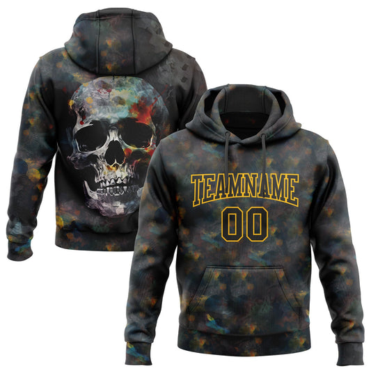 Custom Stitched Black Gold 3D Skull Fashion Sports Pullover Sweatshirt Hoodie - Main View
