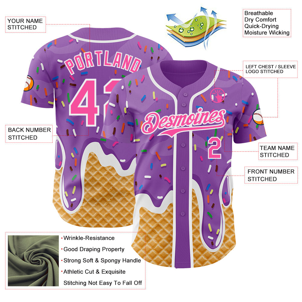 Custom Medium Purple Pink-White Ice Cream Waffle Foodie Dessert Authentic Baseball Jersey view 3