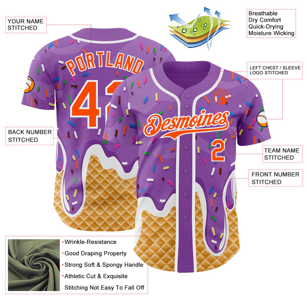 Custom Medium Purple Orange-White Ice Cream Waffle Foodie Dessert Authentic Baseball Jersey view 3