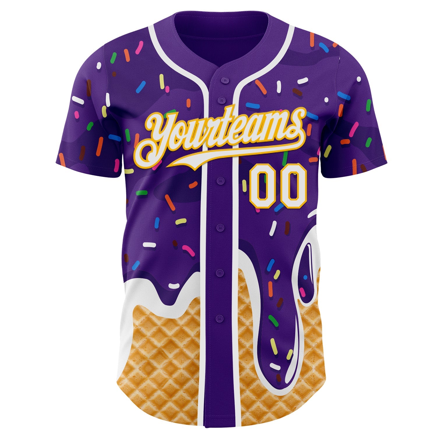 Custom Purple White-Gold Ice Cream Waffle Foodie Dessert Authentic Baseball Jersey view 2