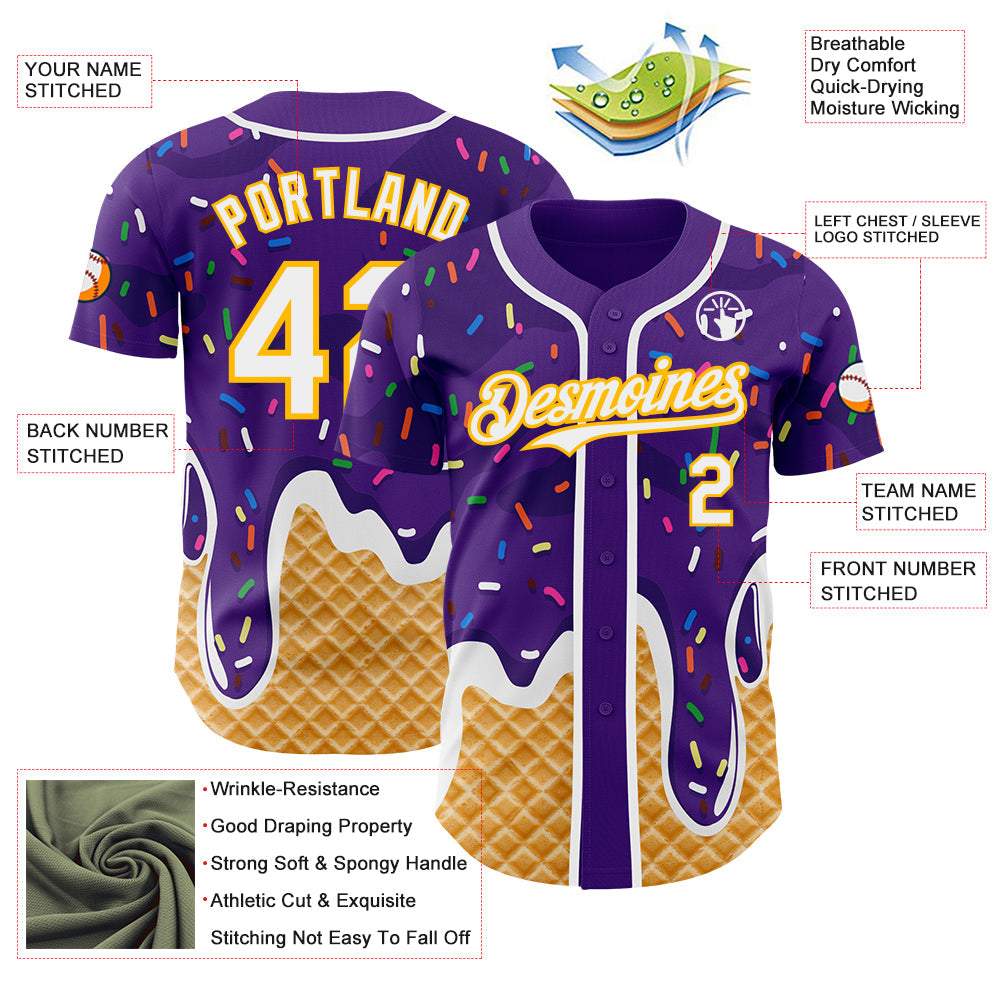 Custom Purple White-Gold Ice Cream Waffle Foodie Dessert Authentic Baseball Jersey view 3
