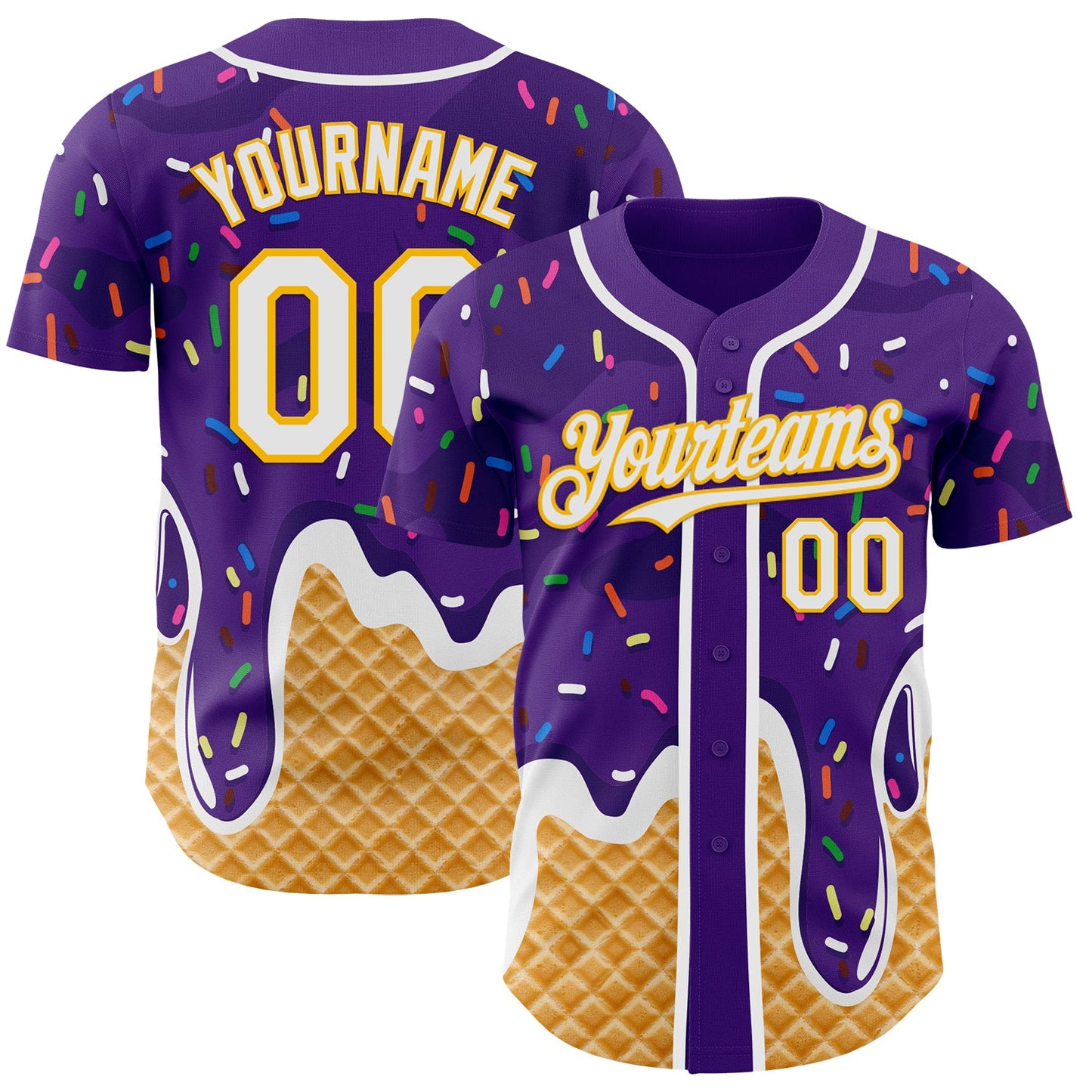 Custom Purple White-Gold Ice Cream Waffle Foodie Dessert Authentic Baseball Jersey - Main View
