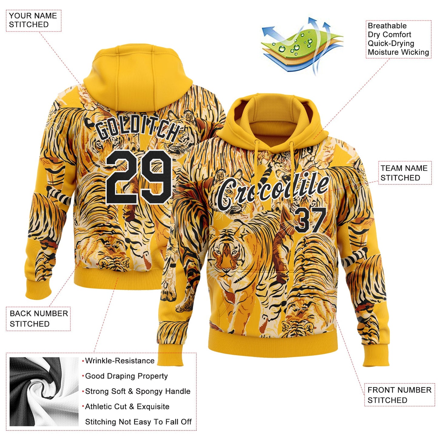 Custom Stitched Gold Black-White 3D Pattern Design Tiger Sports Pullover Sweatshirt Hoodie view 2