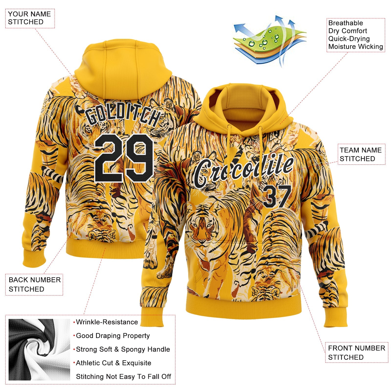 Custom Stitched Gold Black-White 3D Pattern Design Tiger Sports Pullover Sweatshirt Hoodie view 2