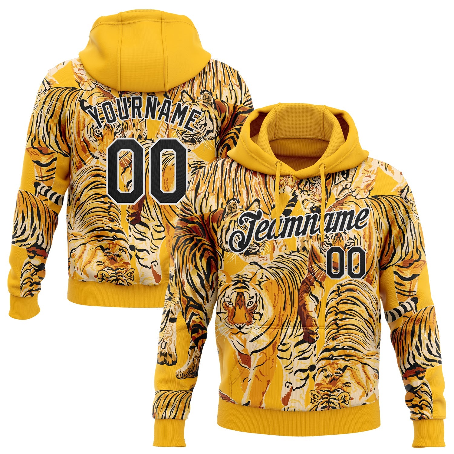 Custom Stitched Gold Black-White 3D Pattern Design Tiger Sports Pullover Sweatshirt Hoodie - Main View