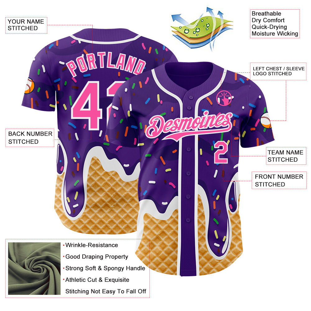Custom Purple Pink-White Ice Cream Waffle Foodie Dessert Authentic Baseball Jersey view 3