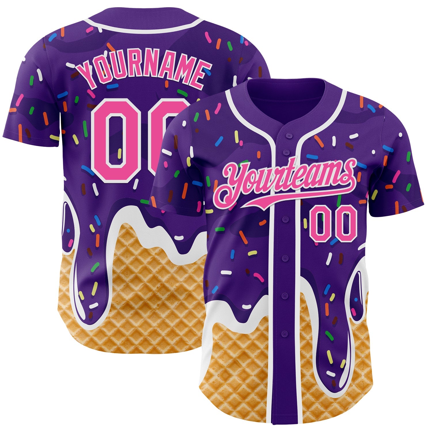 Custom Purple Pink-White Ice Cream Waffle Foodie Dessert Authentic Baseball Jersey - Main View