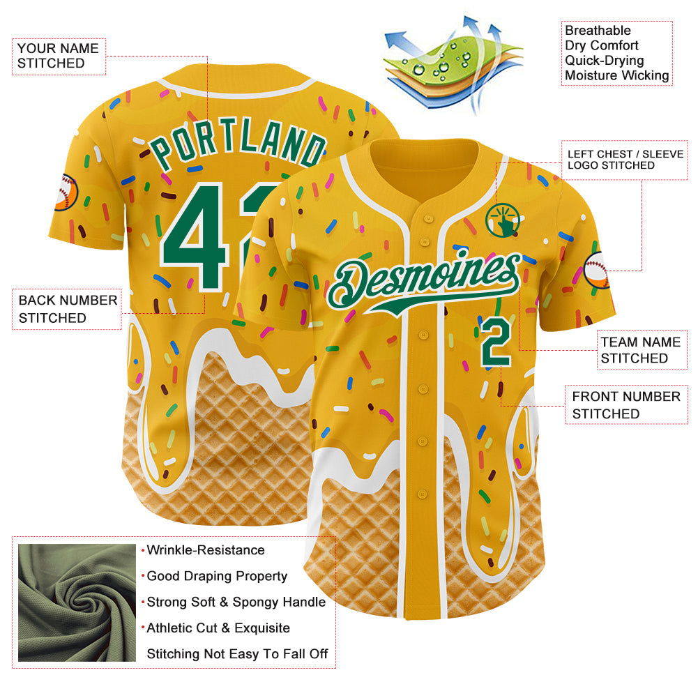 Custom Gold Kelly Green-White Ice Cream Waffle Foodie Dessert Authentic Baseball Jersey view 3