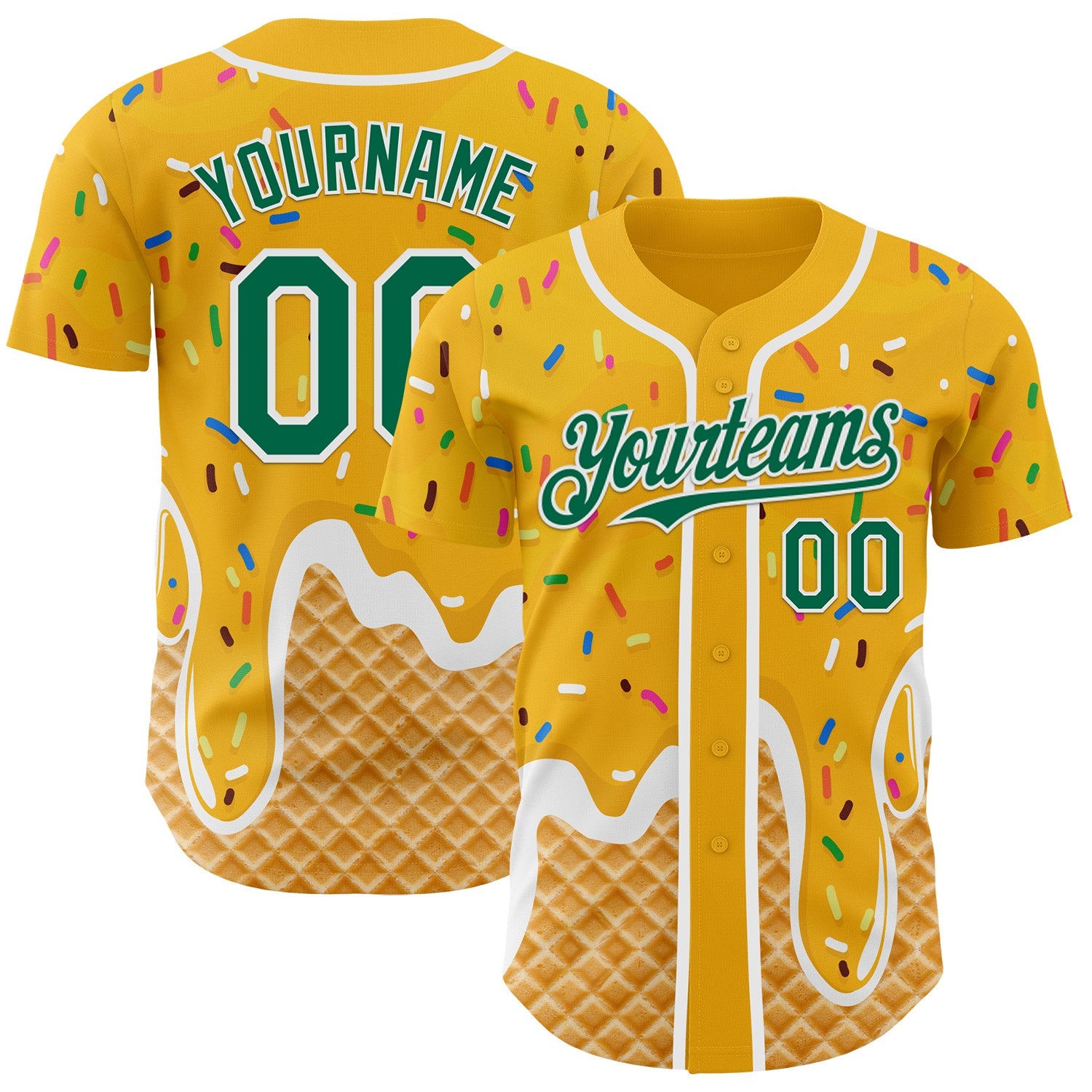 Custom Gold Kelly Green-White Ice Cream Waffle Foodie Dessert Authentic Baseball Jersey - Main View