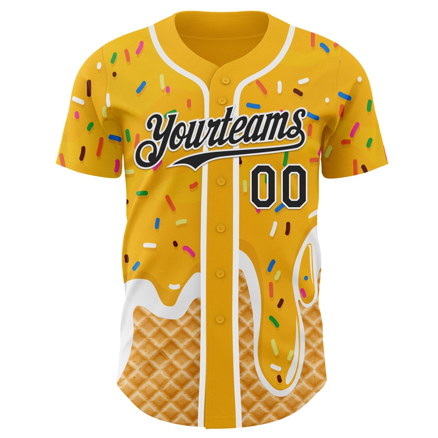 Custom Gold Black-White Ice Cream Waffle Foodie Dessert Authentic Baseball Jersey view 2