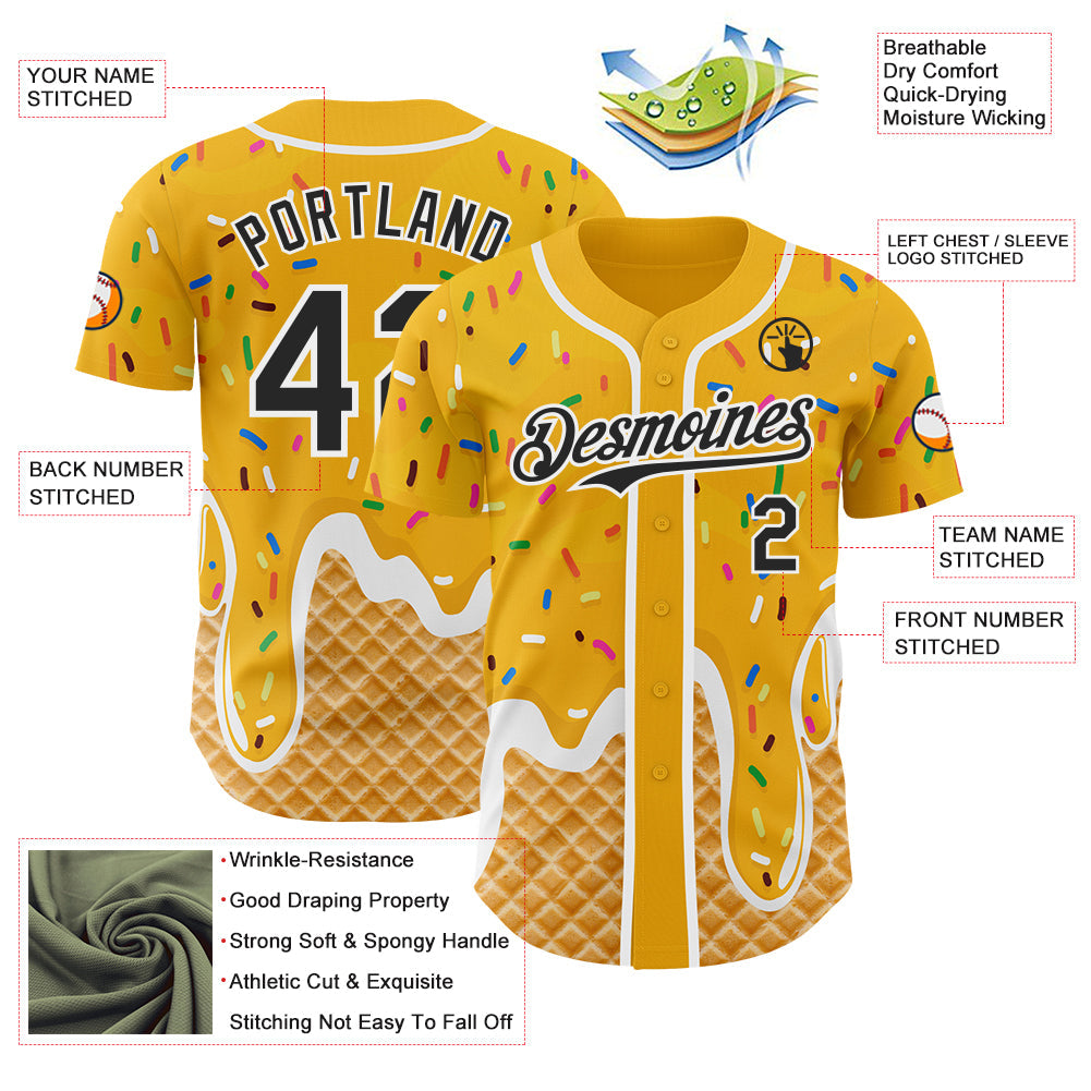 Custom Gold Black-White Ice Cream Waffle Foodie Dessert Authentic Baseball Jersey view 3