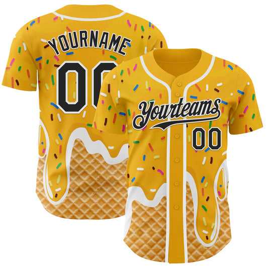 Custom Gold Black-White Ice Cream Waffle Foodie Dessert Authentic Baseball Jersey - Main View