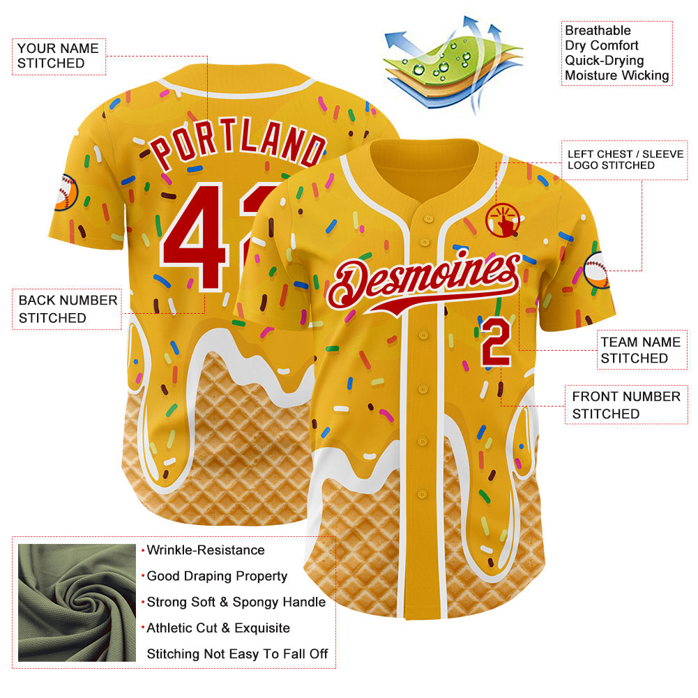 Custom Gold Red-White Ice Cream Waffle Foodie Dessert Authentic Baseball Jersey view 3