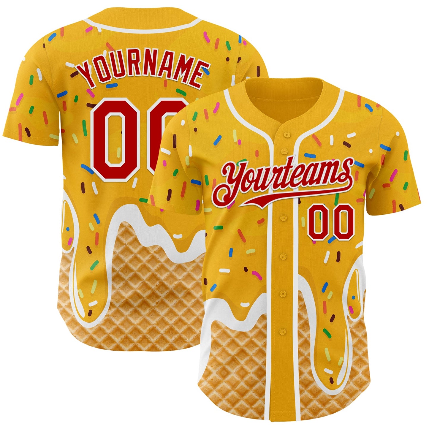 Custom Gold Red-White Ice Cream Waffle Foodie Dessert Authentic Baseball Jersey - Main View