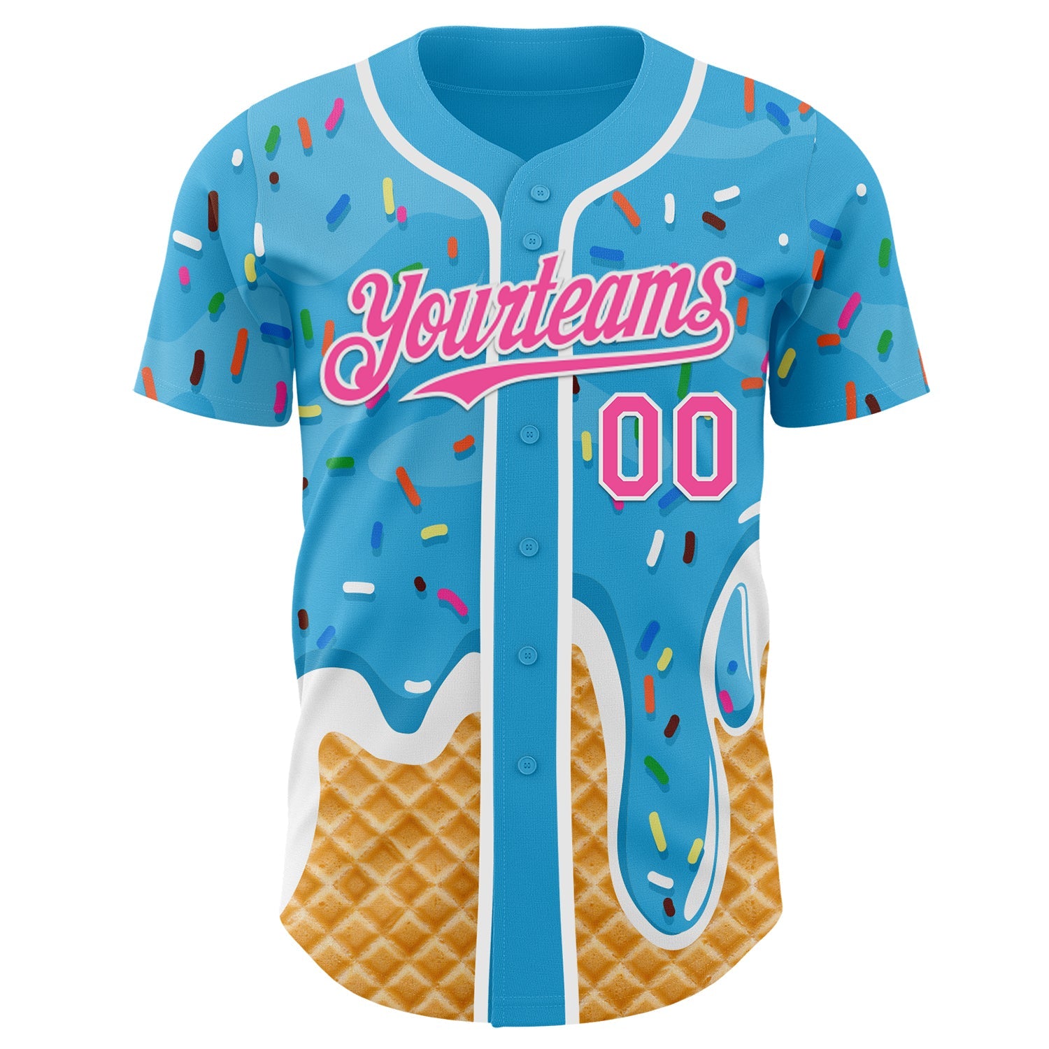 Custom Sky Blue Pink-White Ice Cream Waffle Foodie Dessert Authentic Baseball Jersey view 2