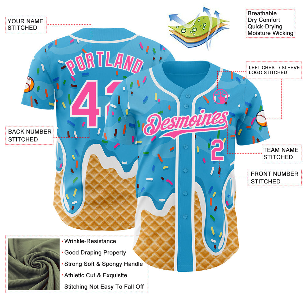 Custom Sky Blue Pink-White Ice Cream Waffle Foodie Dessert Authentic Baseball Jersey view 3