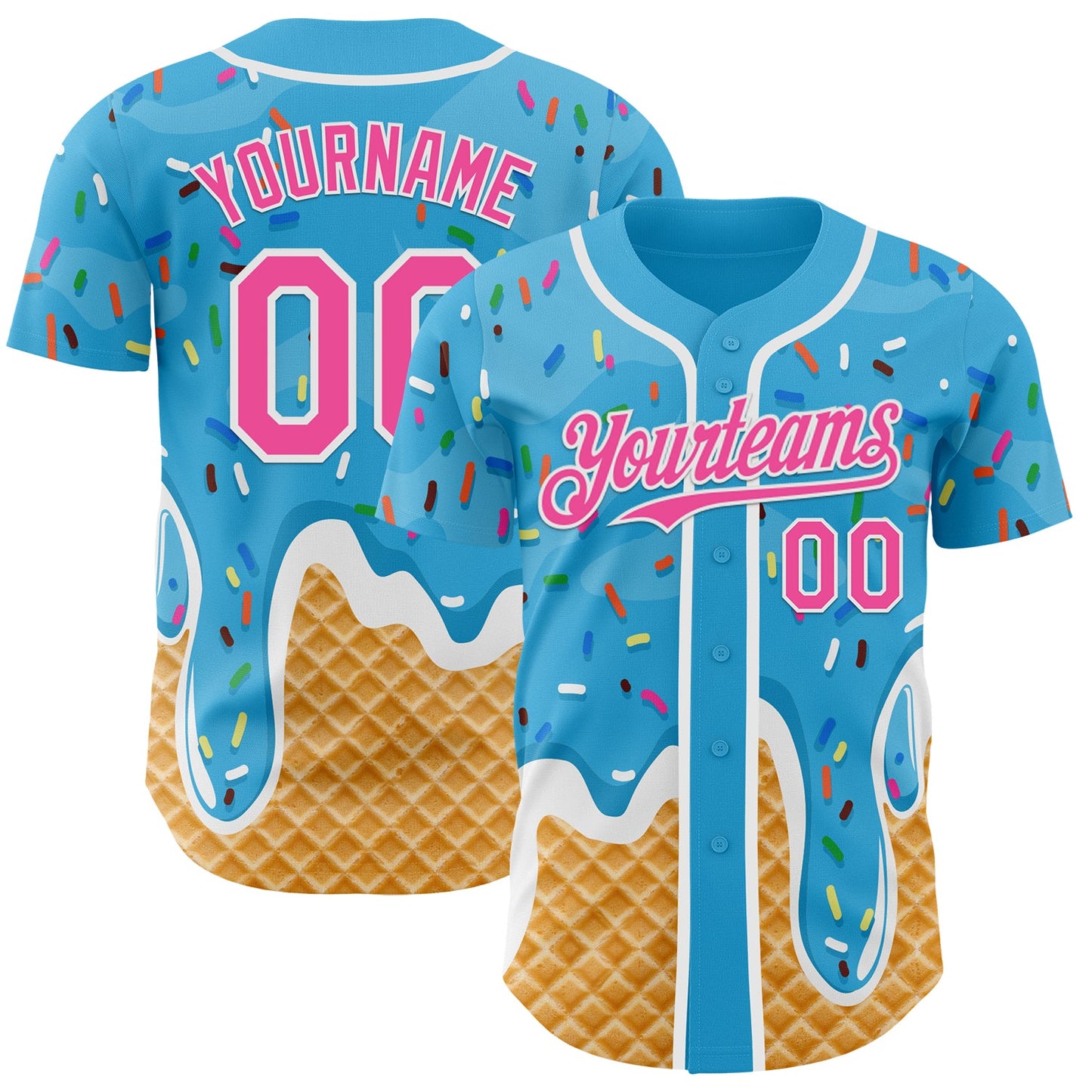 Custom Sky Blue Pink-White Ice Cream Waffle Foodie Dessert Authentic Baseball Jersey - Main View