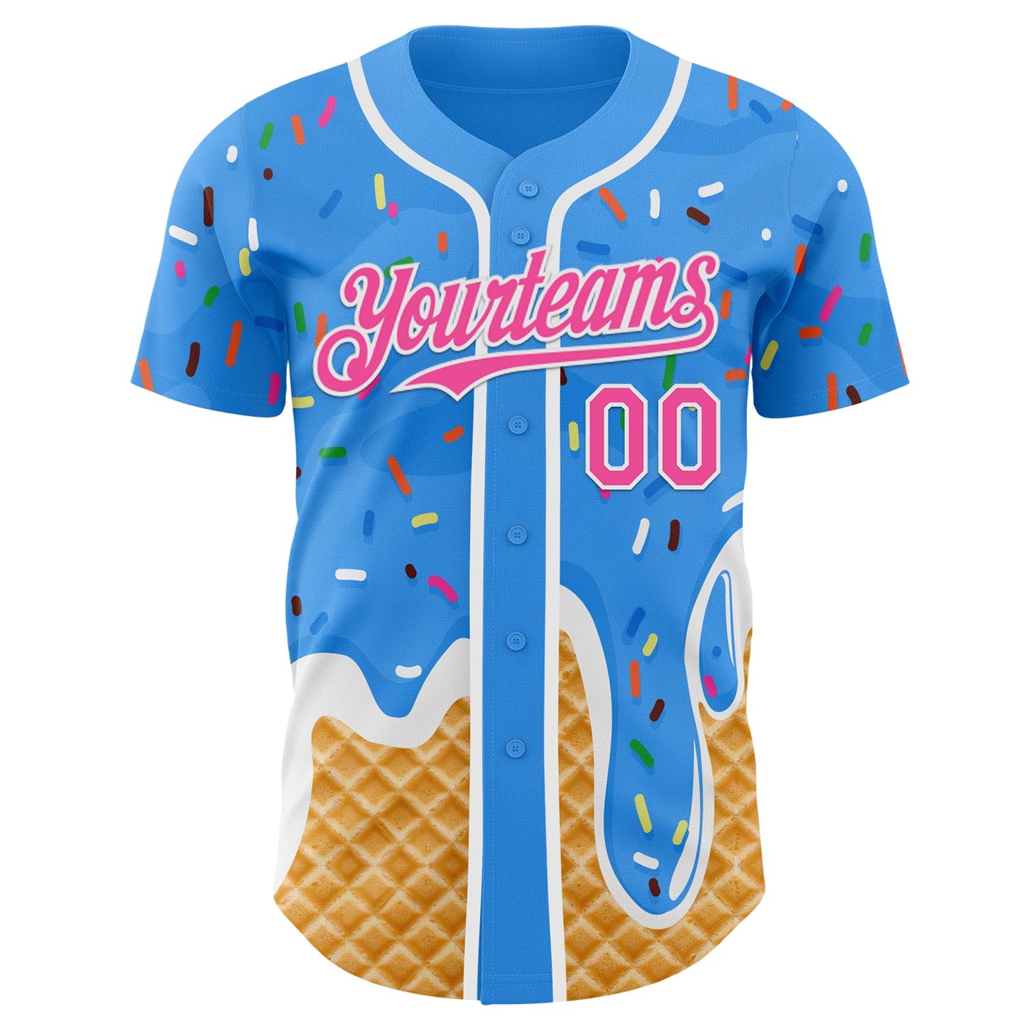 Custom Electric Blue Pink-White Ice Cream Waffle Foodie Dessert Authentic Baseball Jersey view 2