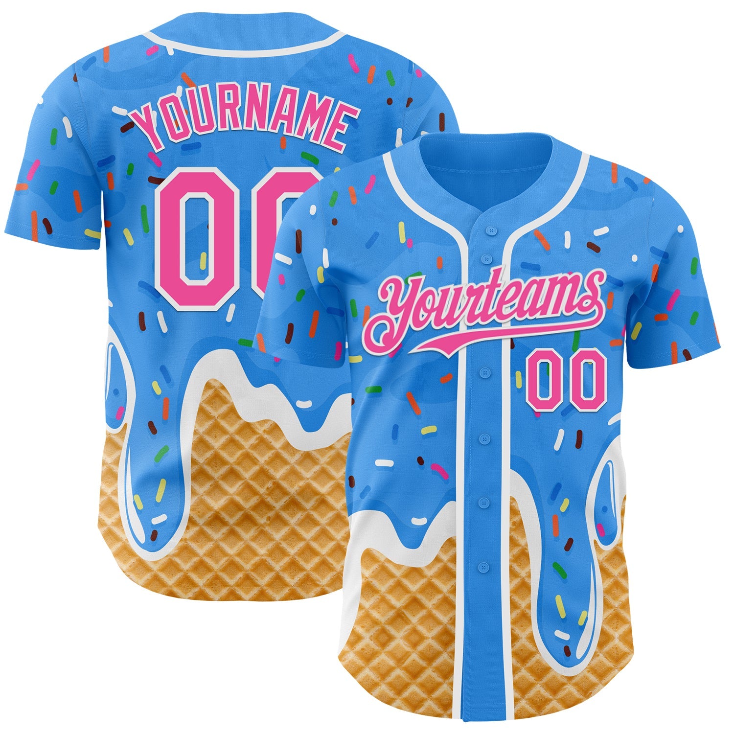 Custom Electric Blue Pink-White Ice Cream Waffle Foodie Dessert Authentic Baseball Jersey - Main View