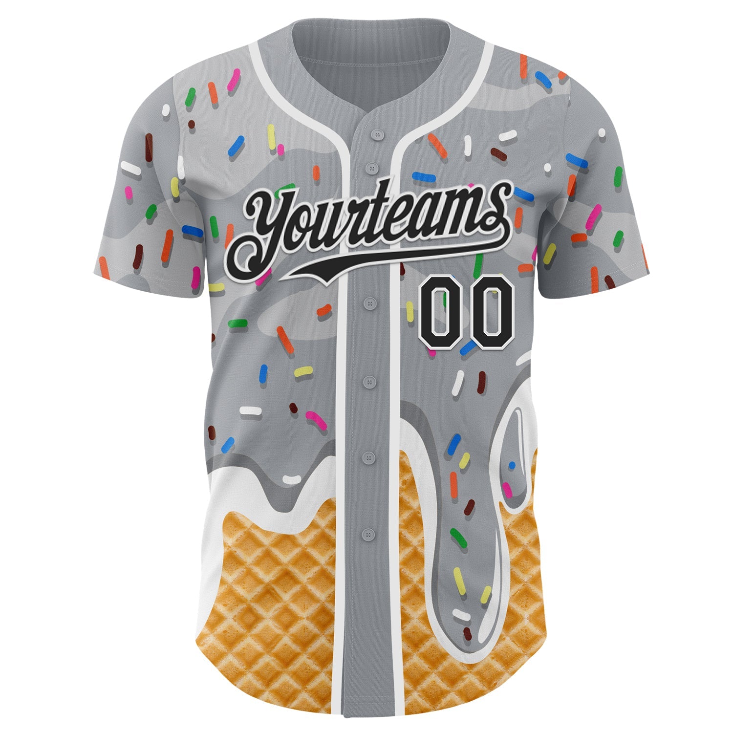 Custom Gray Black-White Ice Cream Waffle Foodie Dessert Authentic Baseball Jersey view 2