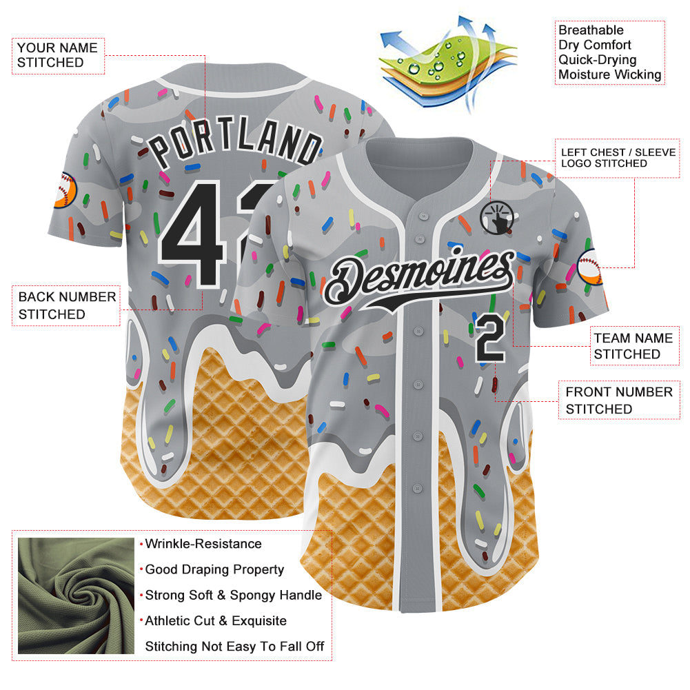 Custom Gray Black-White Ice Cream Waffle Foodie Dessert Authentic Baseball Jersey view 3