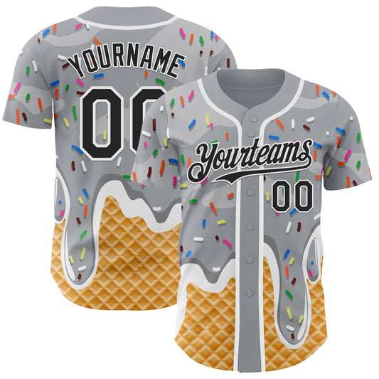 Custom Gray Black-White Ice Cream Waffle Foodie Dessert Authentic Baseball Jersey - Main View