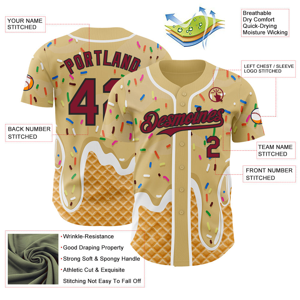 Custom Sand Crimson Black-White Ice Cream Waffle Foodie Dessert Authentic Baseball Jersey view 3