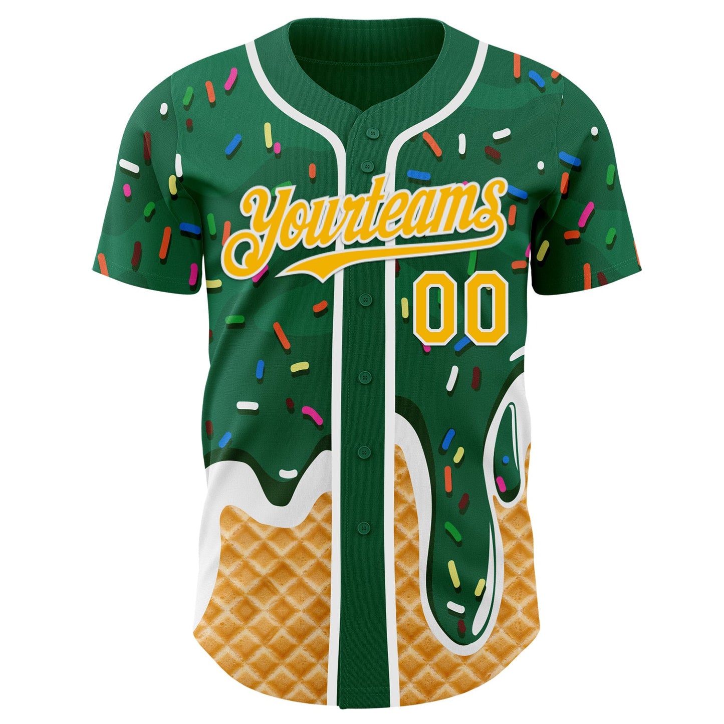 Custom Kelly Green Gold-White Ice Cream Waffle Foodie Dessert Authentic Baseball Jersey view 2