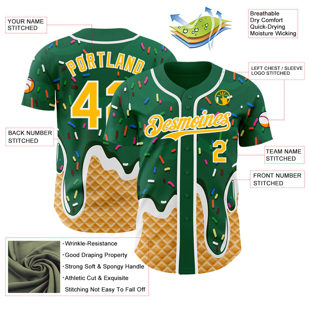 Custom Kelly Green Gold-White Ice Cream Waffle Foodie Dessert Authentic Baseball Jersey view 3