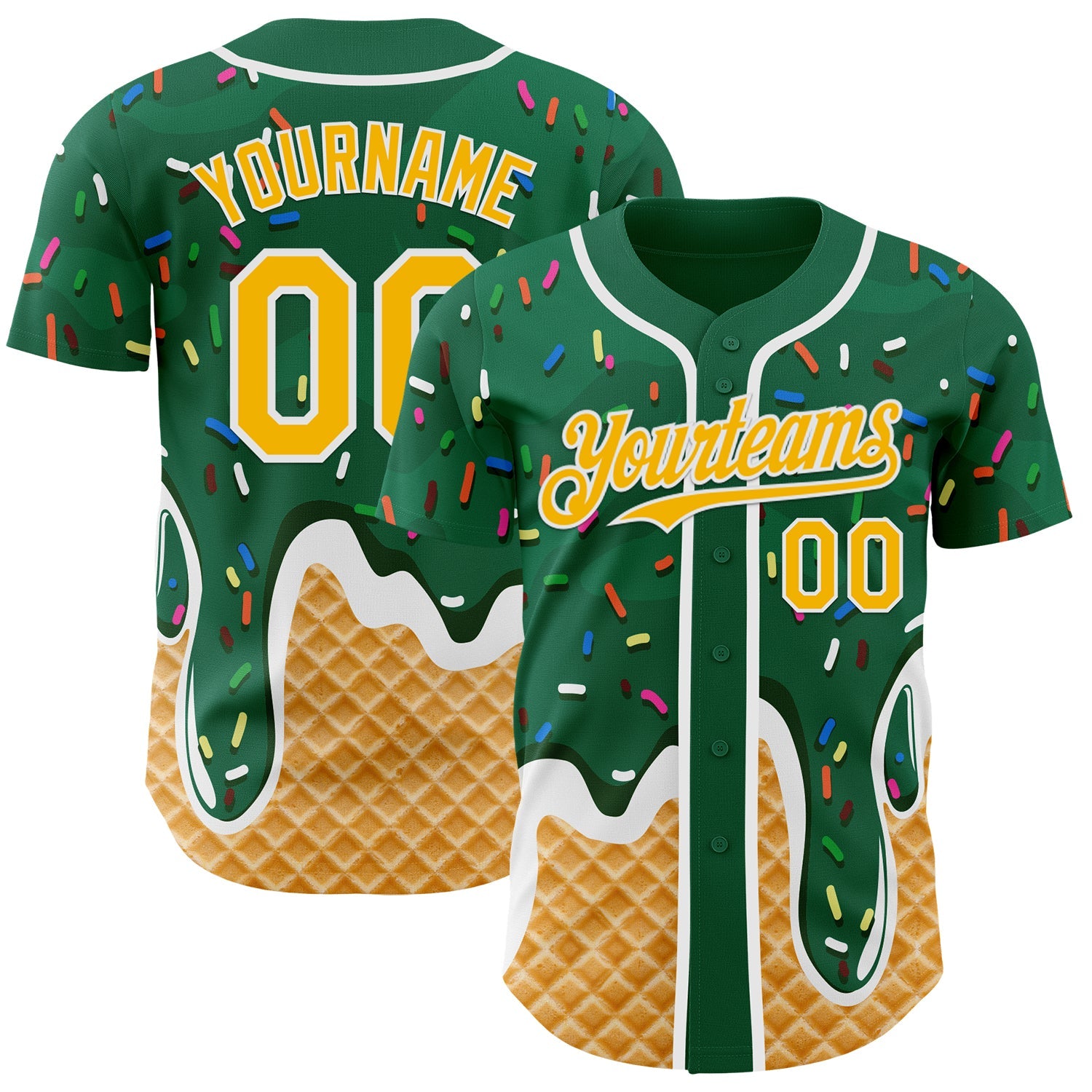 Custom Kelly Green Gold-White Ice Cream Waffle Foodie Dessert Authentic Baseball Jersey - Main View
