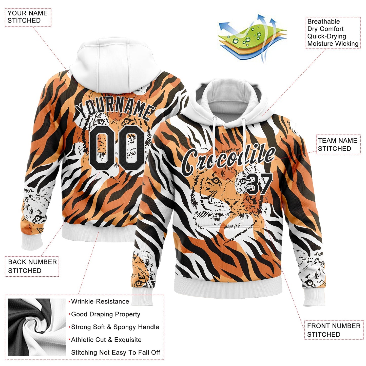 Custom Stitched Orange Black-White 3D Pattern Design Tiger Sports Pullover Sweatshirt Hoodie view 2