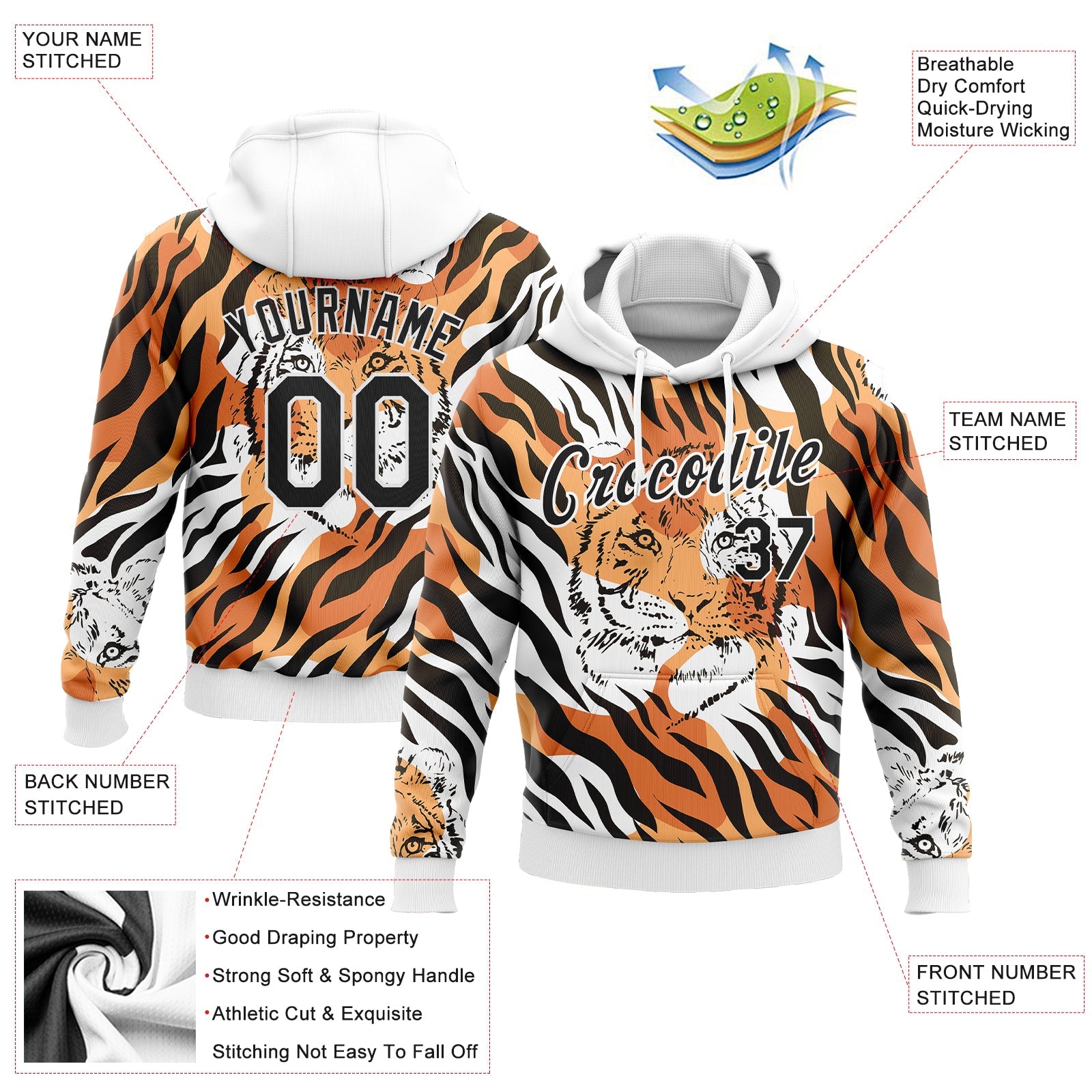 Custom Stitched Orange Black-White 3D Pattern Design Tiger Sports Pullover Sweatshirt Hoodie view 2