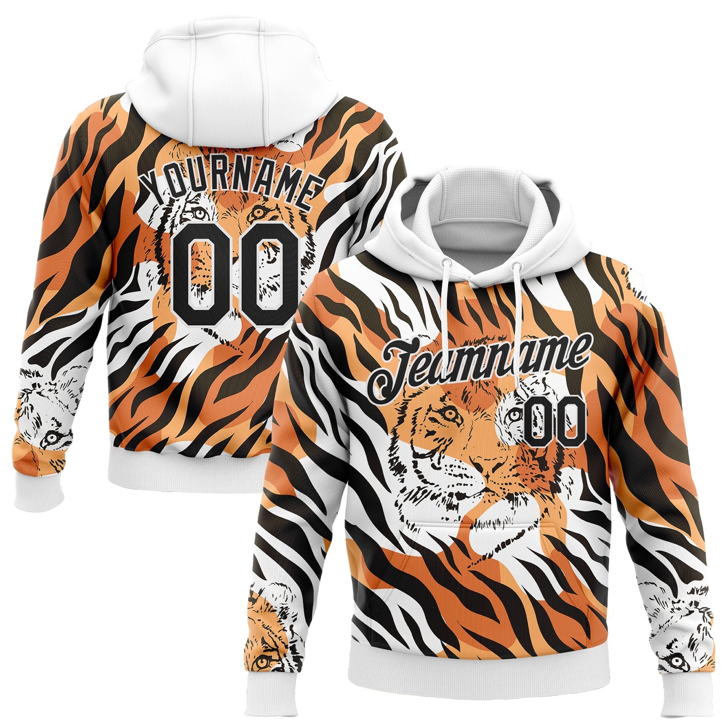 Custom Stitched Orange Black-White 3D Pattern Design Tiger Sports Pullover Sweatshirt Hoodie - Main View