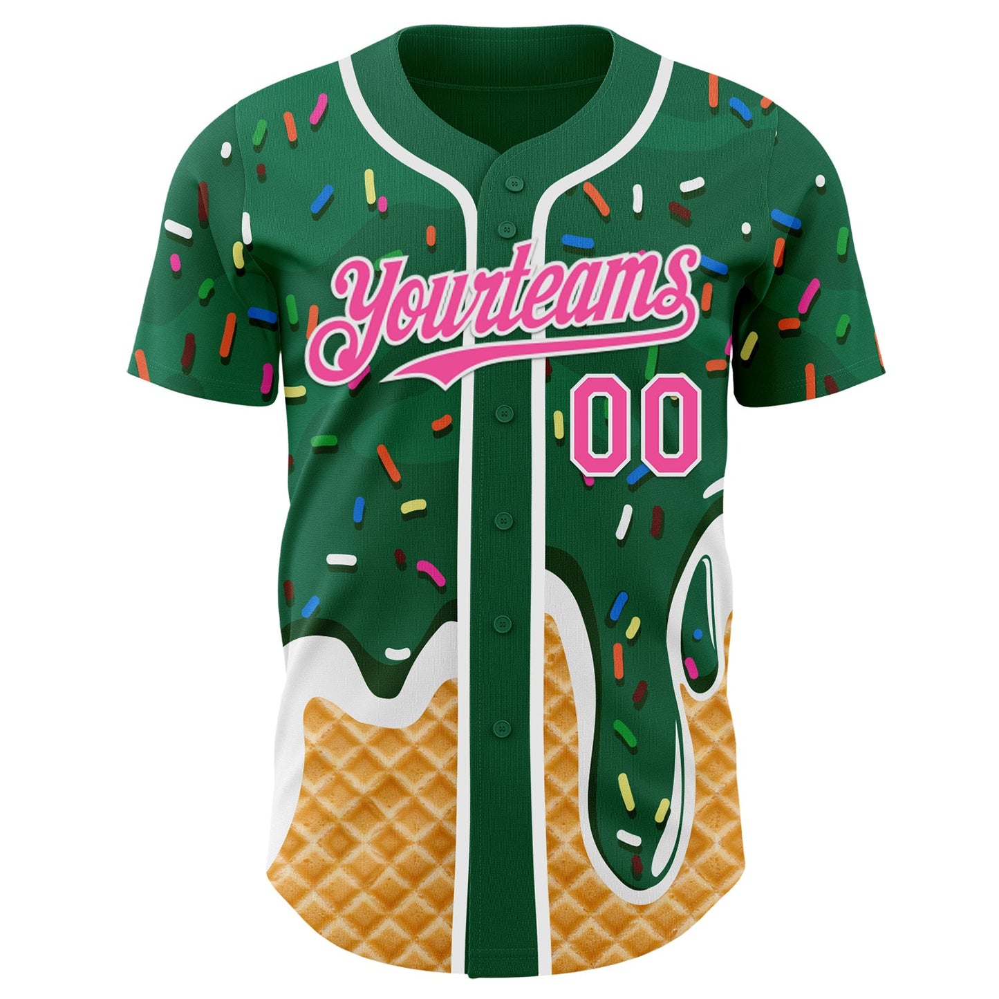 Custom Kelly Green Pink-White Ice Cream Waffle Foodie Dessert Authentic Baseball Jersey view 2